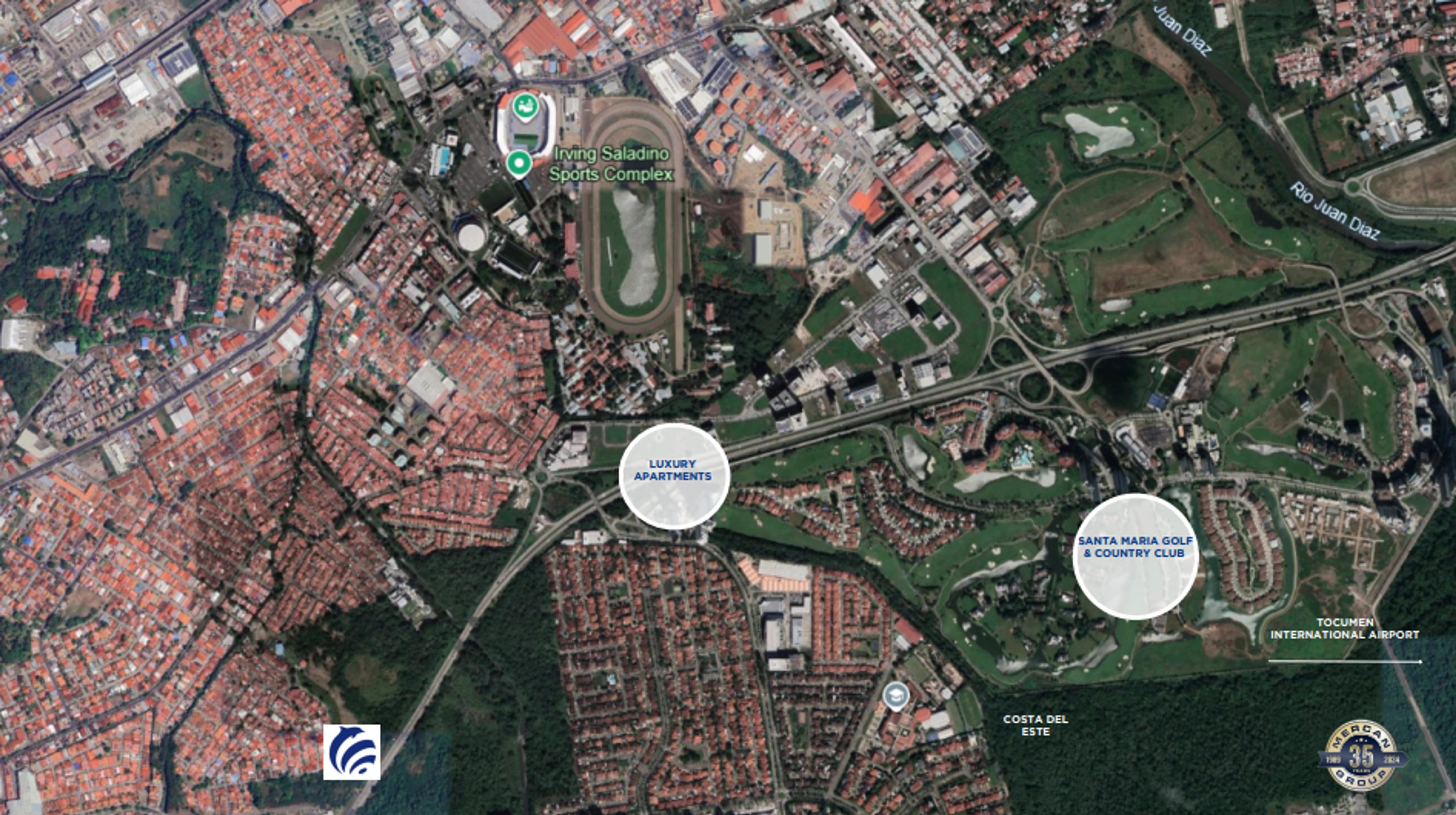 Location diagram from the published Santa María project material, showing surrounding roads and golf-course areas