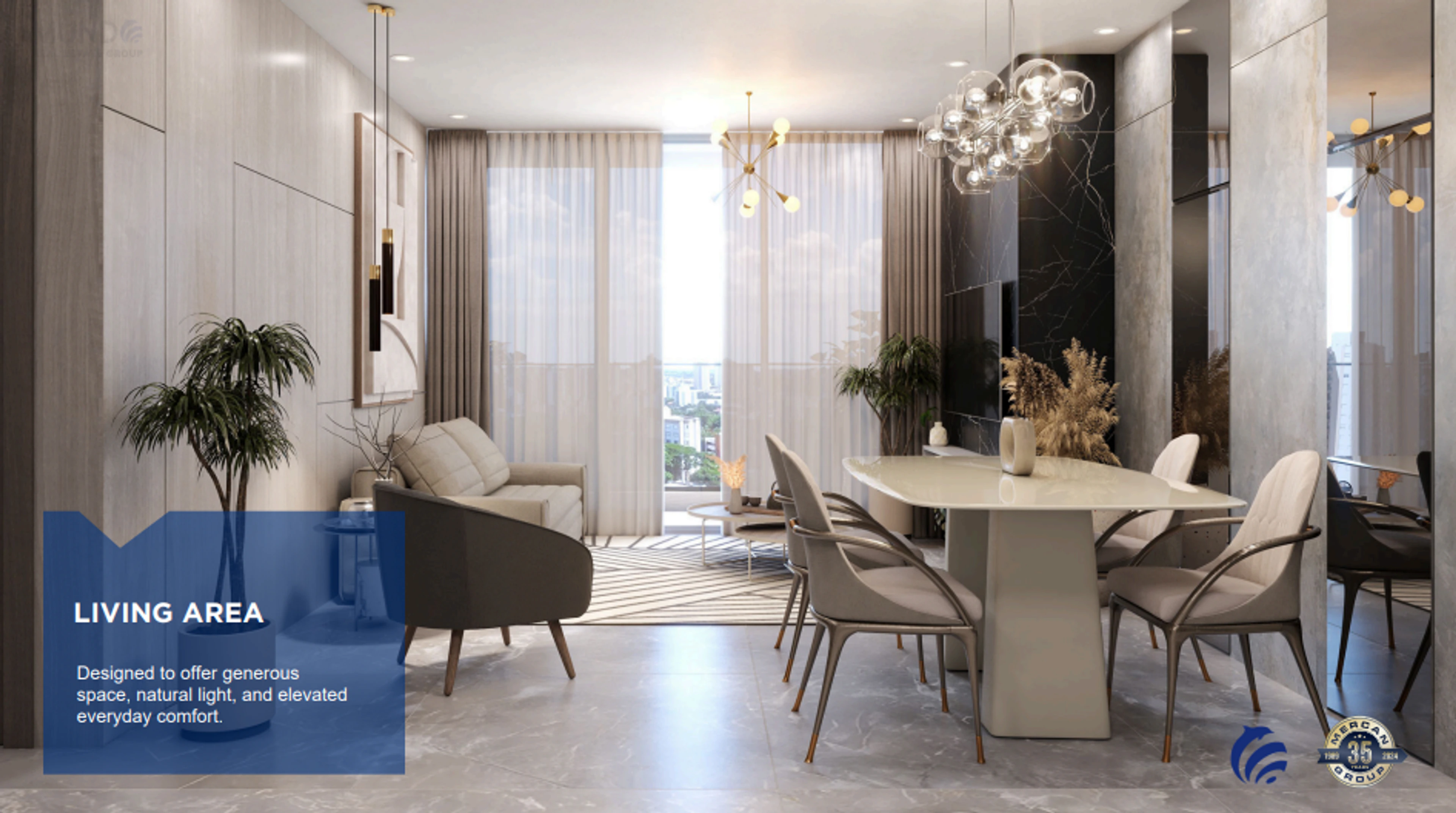 Published Santa María living and dining room illustration with tall windows and an open kitchen