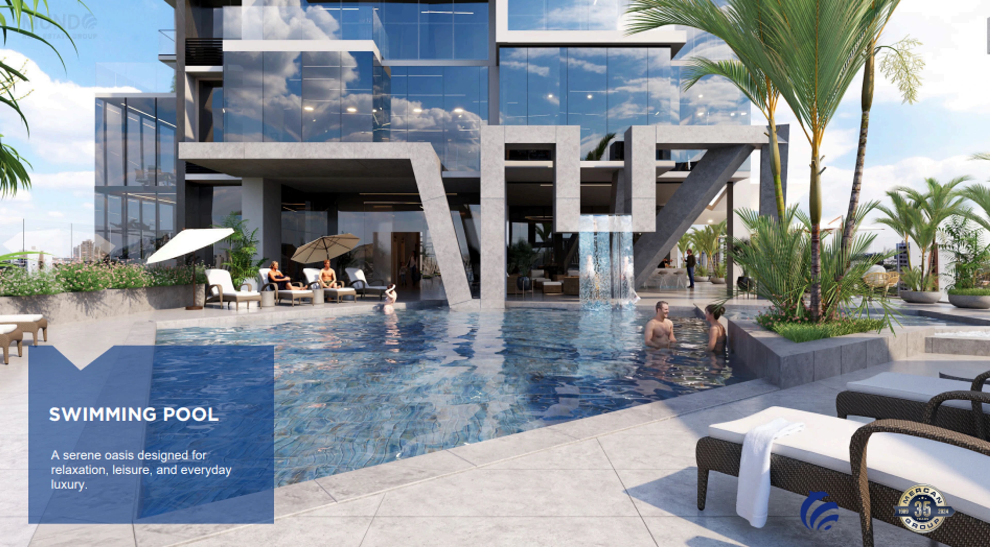 Published illustration of the Santa María pool terrace with loungers and landscaping