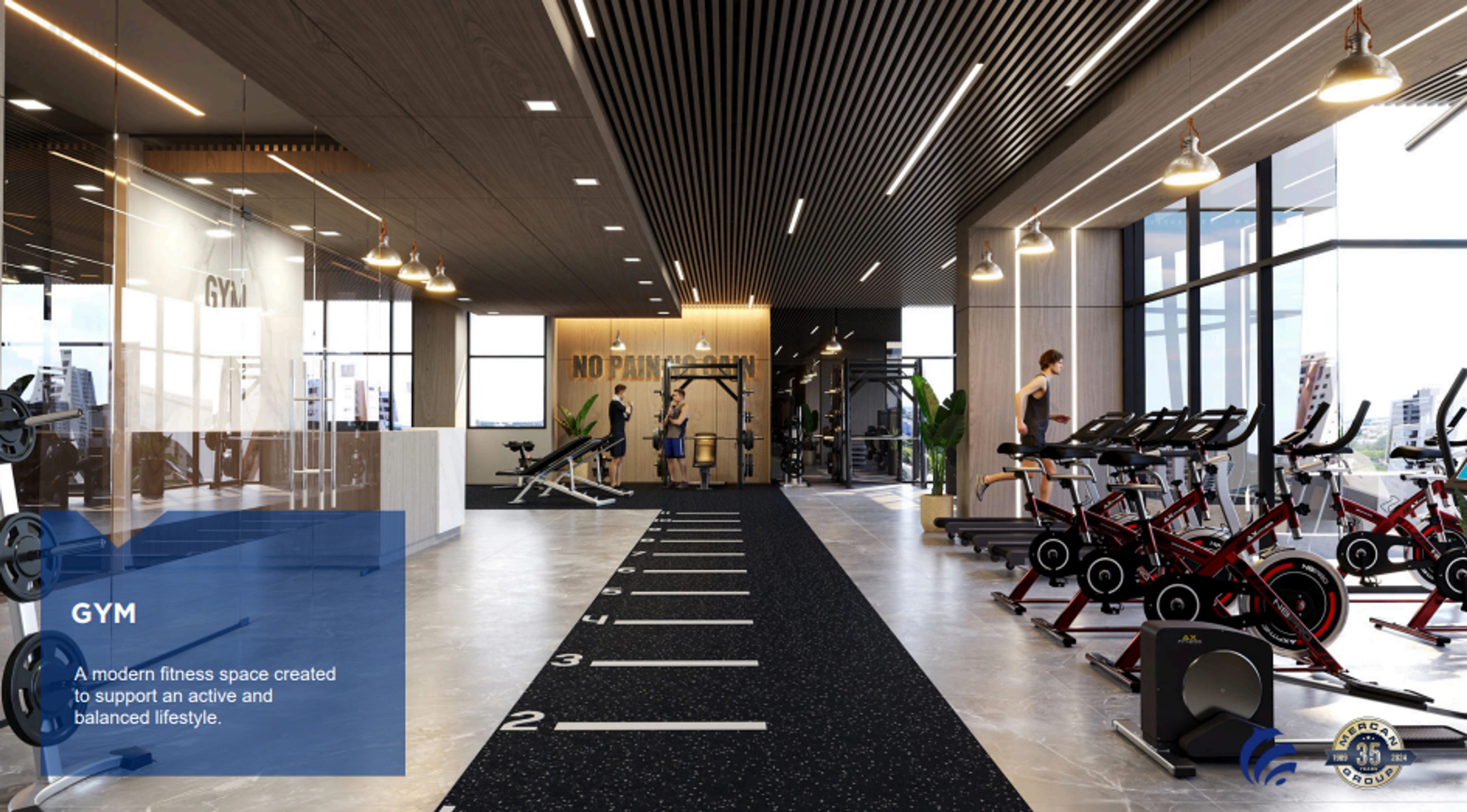 Published illustration of the Santa María gym with exercise bikes and fitness equipment