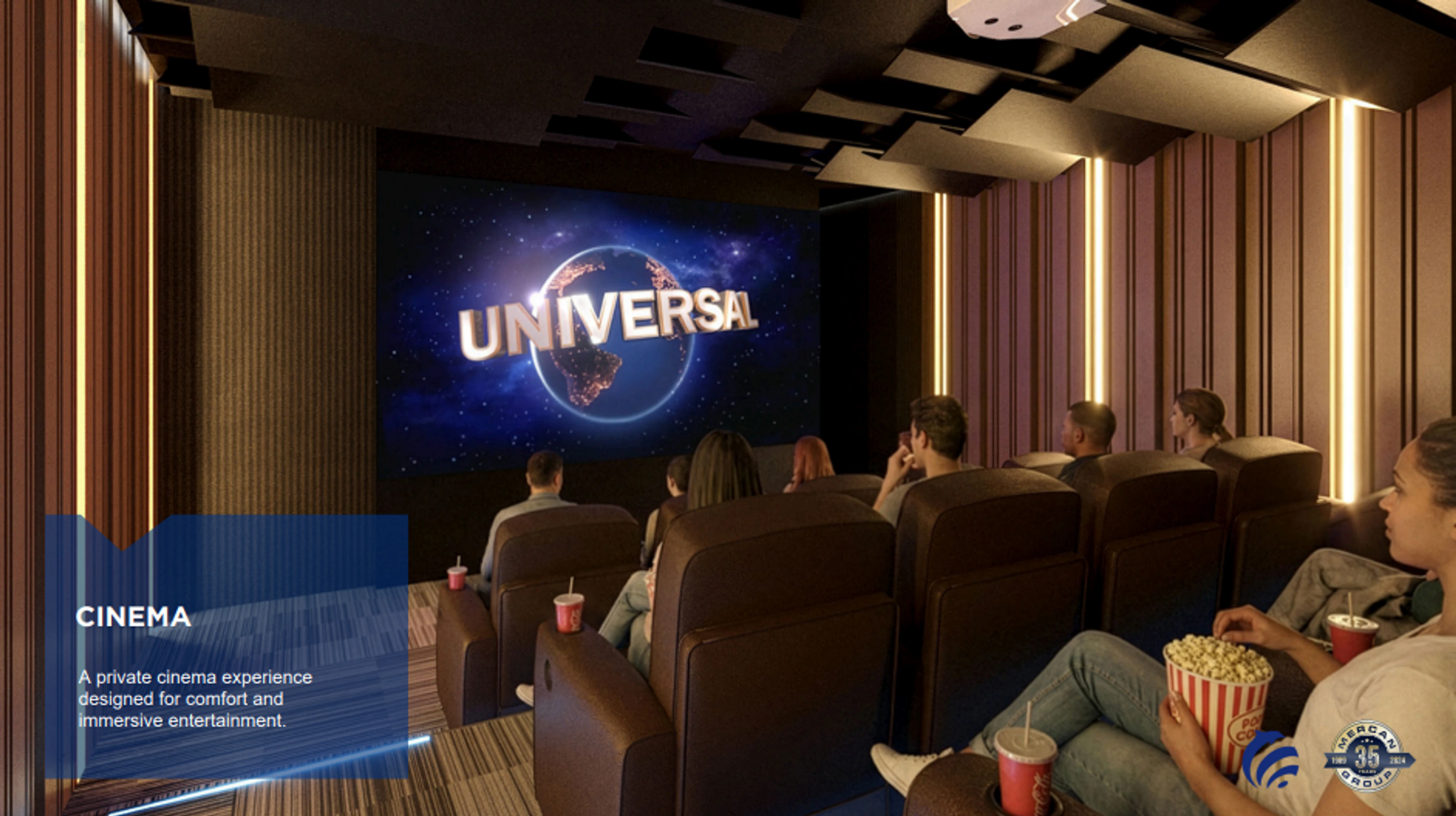 Published illustration of the Santa María cinema room with reclining seats and a screen