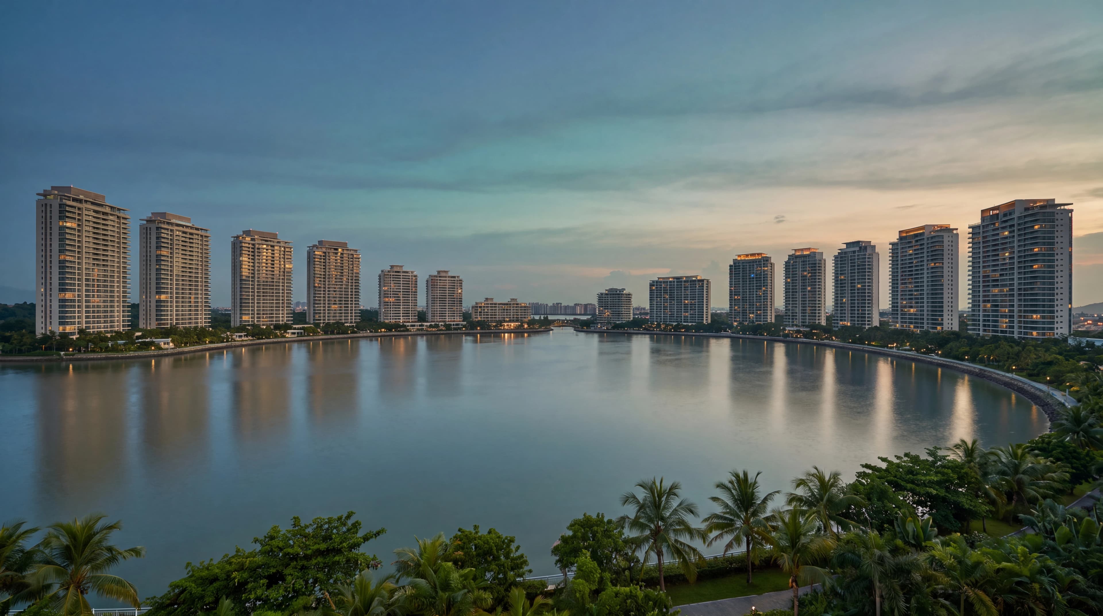 AI illustration of a tropical bay and city skyline at dusk
