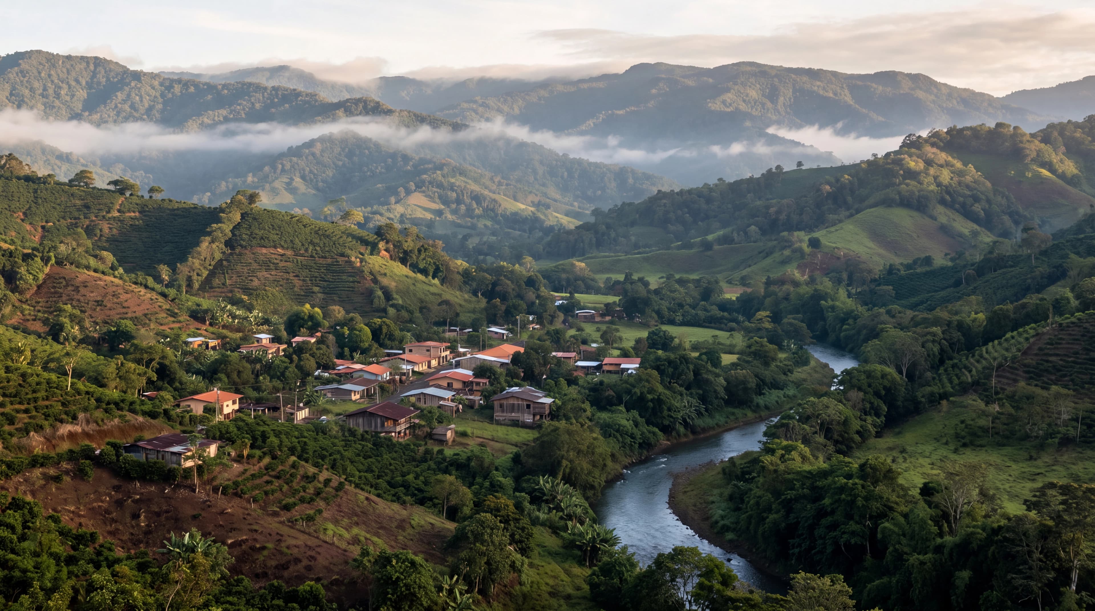 AI illustration of a green mountain valley and coffee-country town