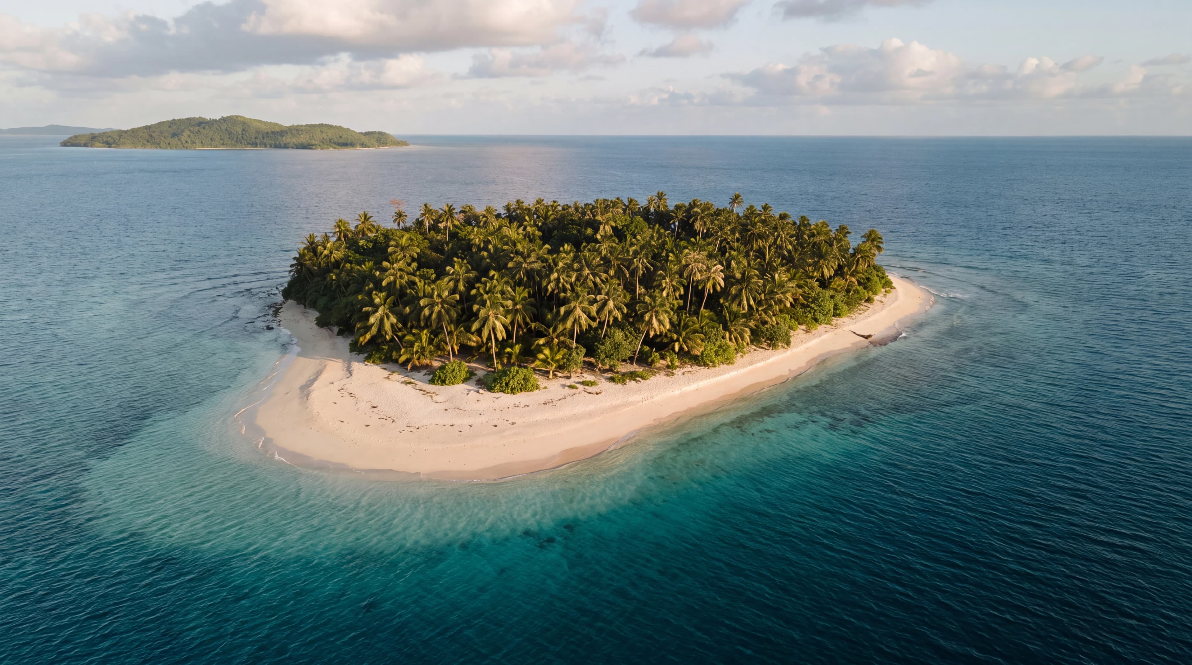 AI illustration of a palm-lined Caribbean island and turquoise shallows