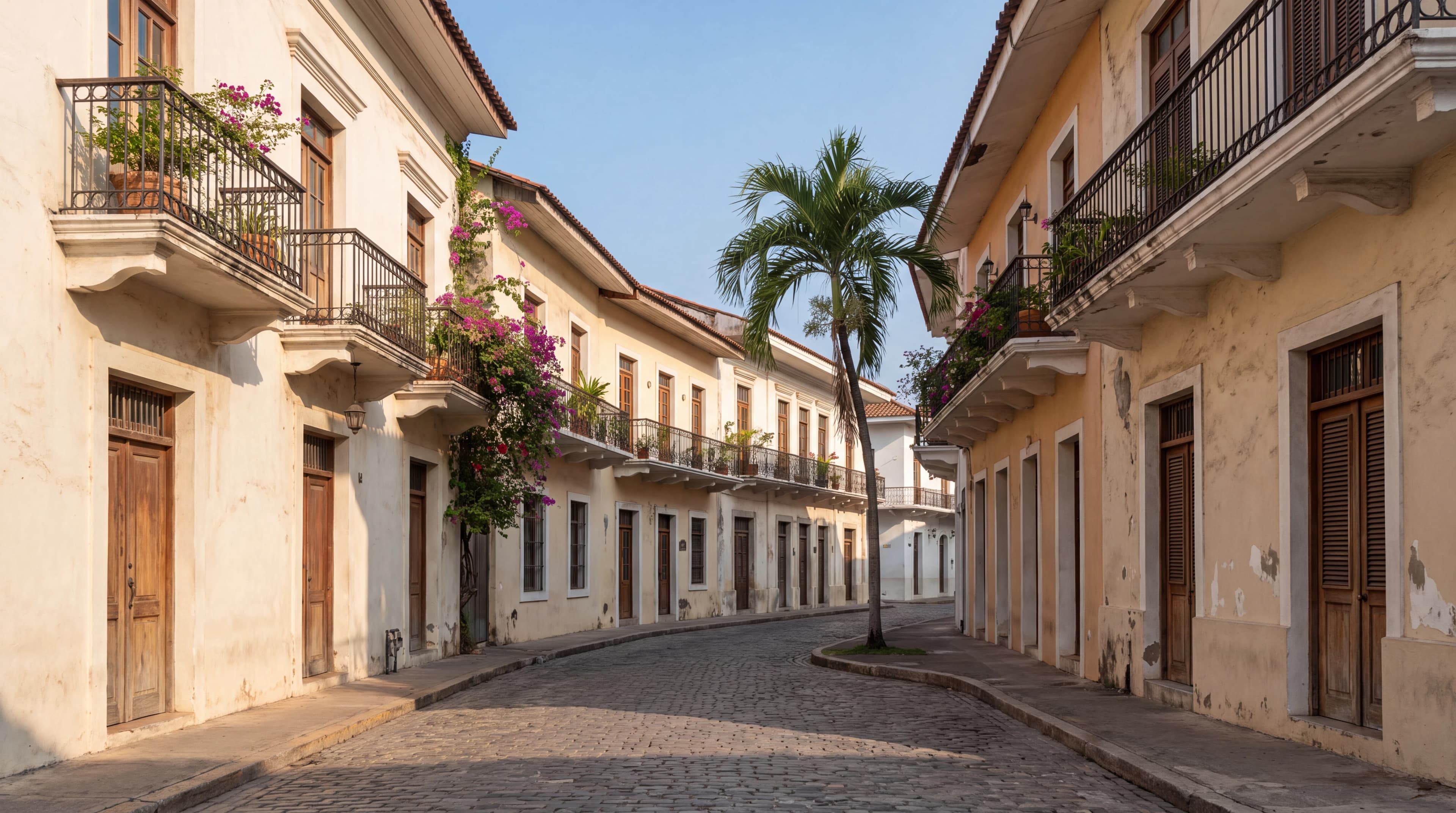 AI illustration of a warm historic tropical street with balconies and flowers