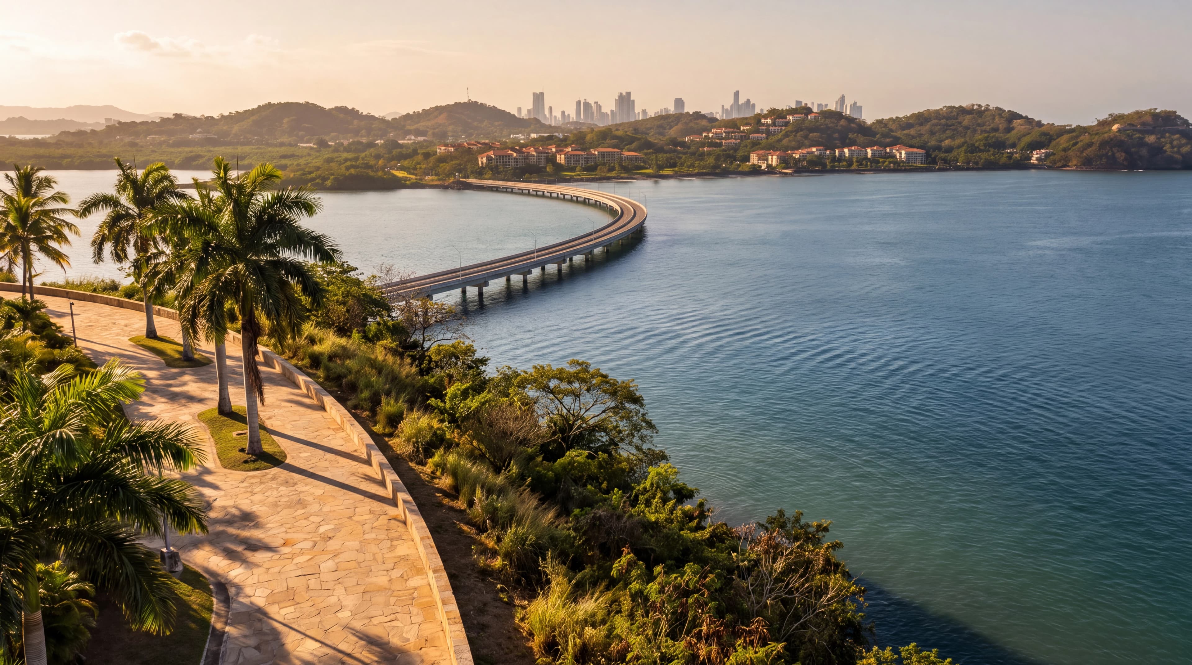 AI illustration of a palm-lined waterfront promenade and tropical bay