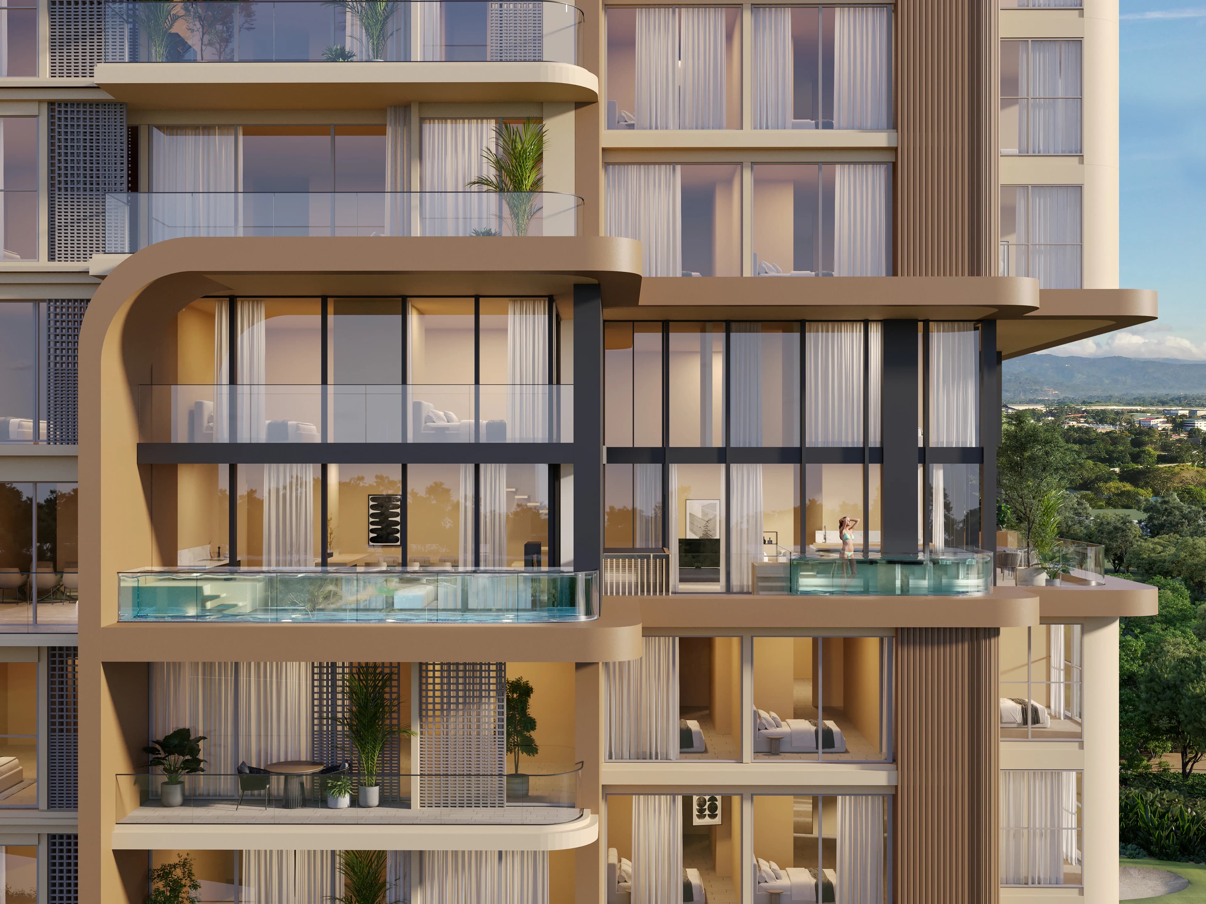 Double-height spaces and private-pool terraces in the Bosco design.