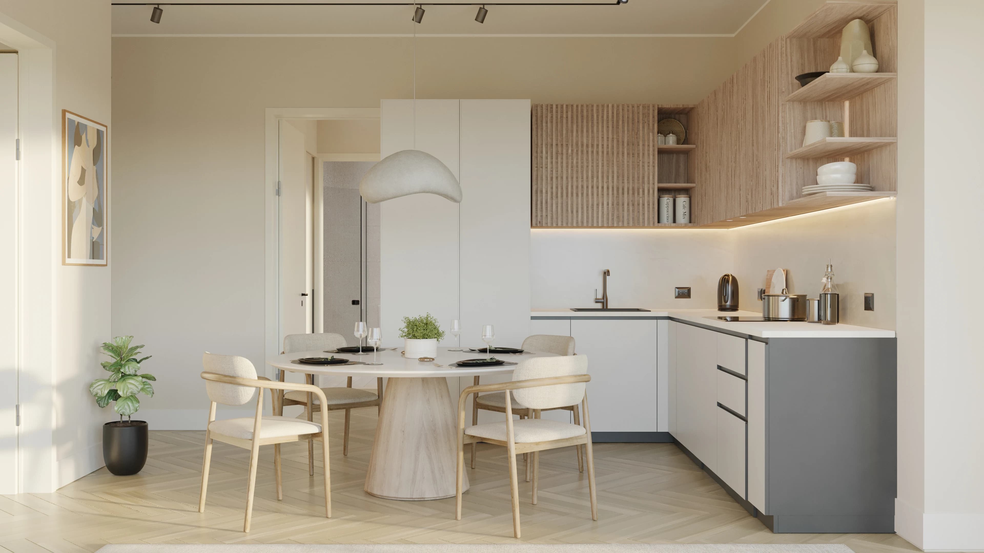 Kitchen and dining spaces in the Bosco apartment design collection.