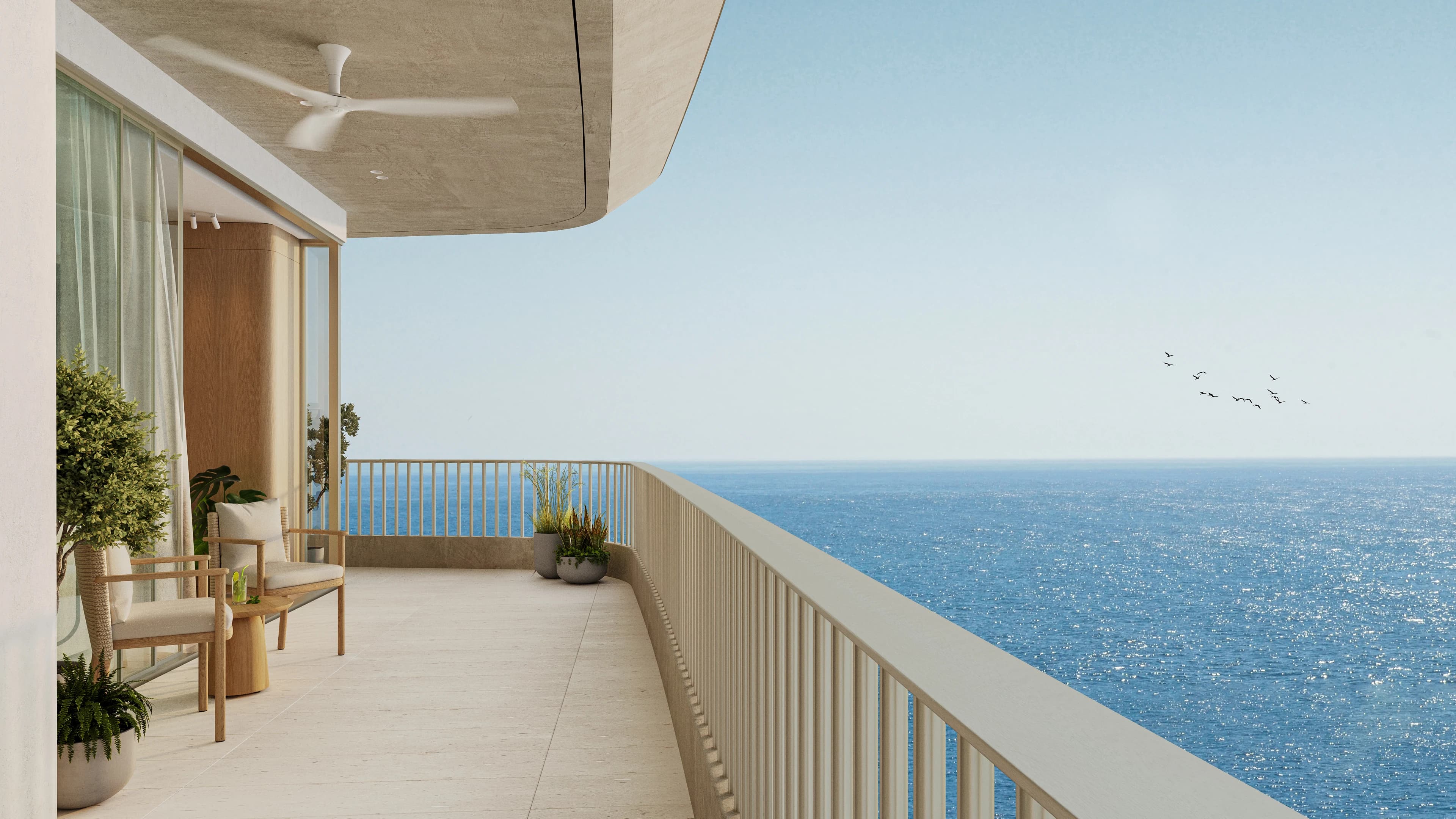 Una terraza de apartamento ilustrada, con el mar al fondo.