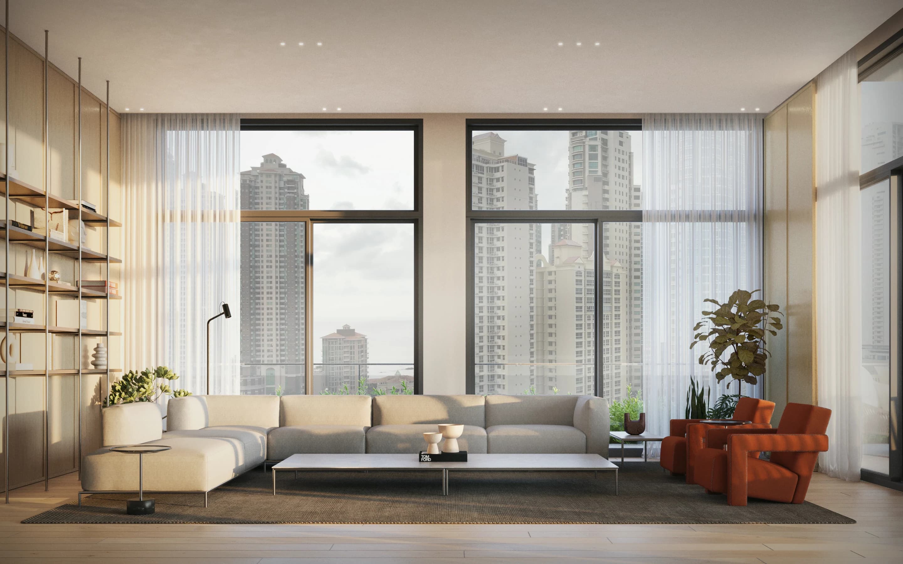 Warm materials and city-facing windows in the Mantra design.