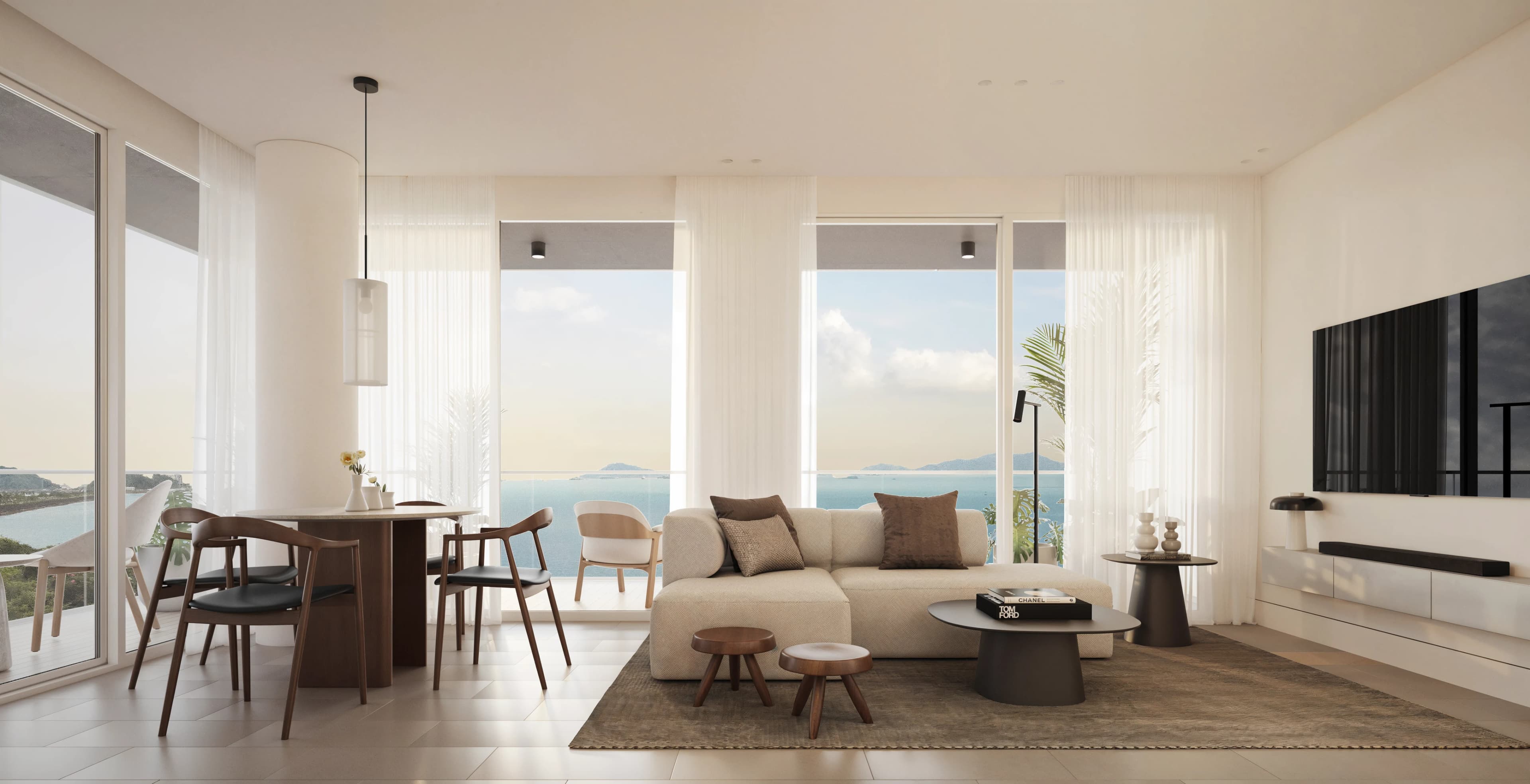 Living and dining spaces in the Nautilus design collection.