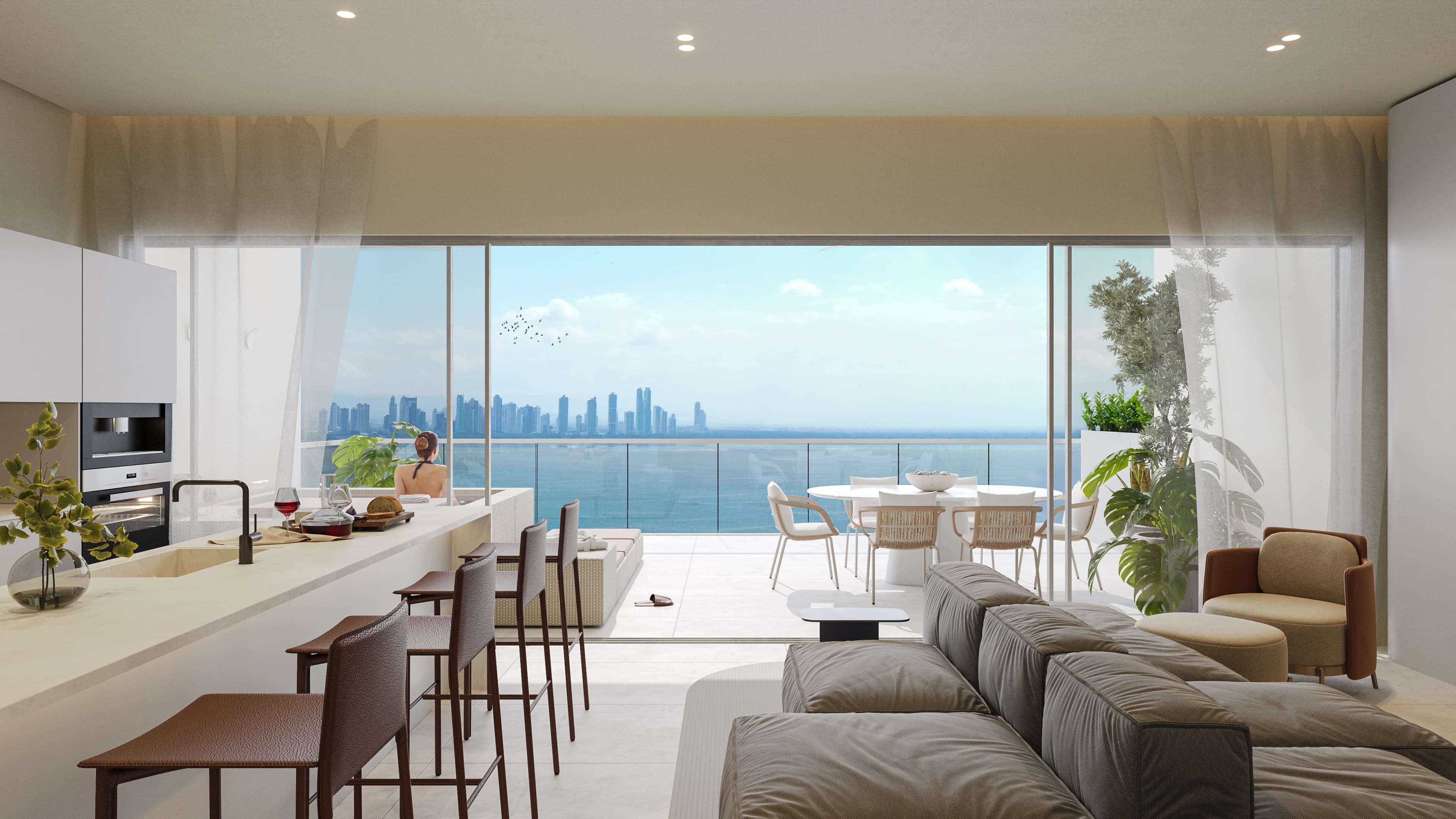 Club Residences: kitchen, living space and terrace in the proposed design.